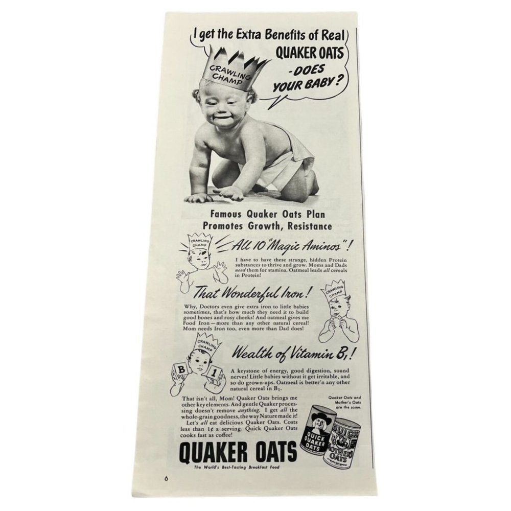 Vintage 1948 Print Ad Quaker Oats Crawling Baby Best Breakfast Food Original Ad